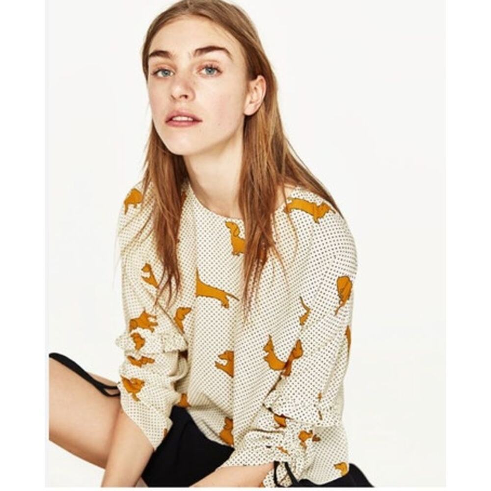 NWOT Zara Womens Dachshund Polka Dot Print Blouse Size Small